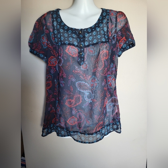 NEW Reitmans Sheer Floral Blouse - Navy and Coral, Size Medium Petite - Picture 1 of 4
